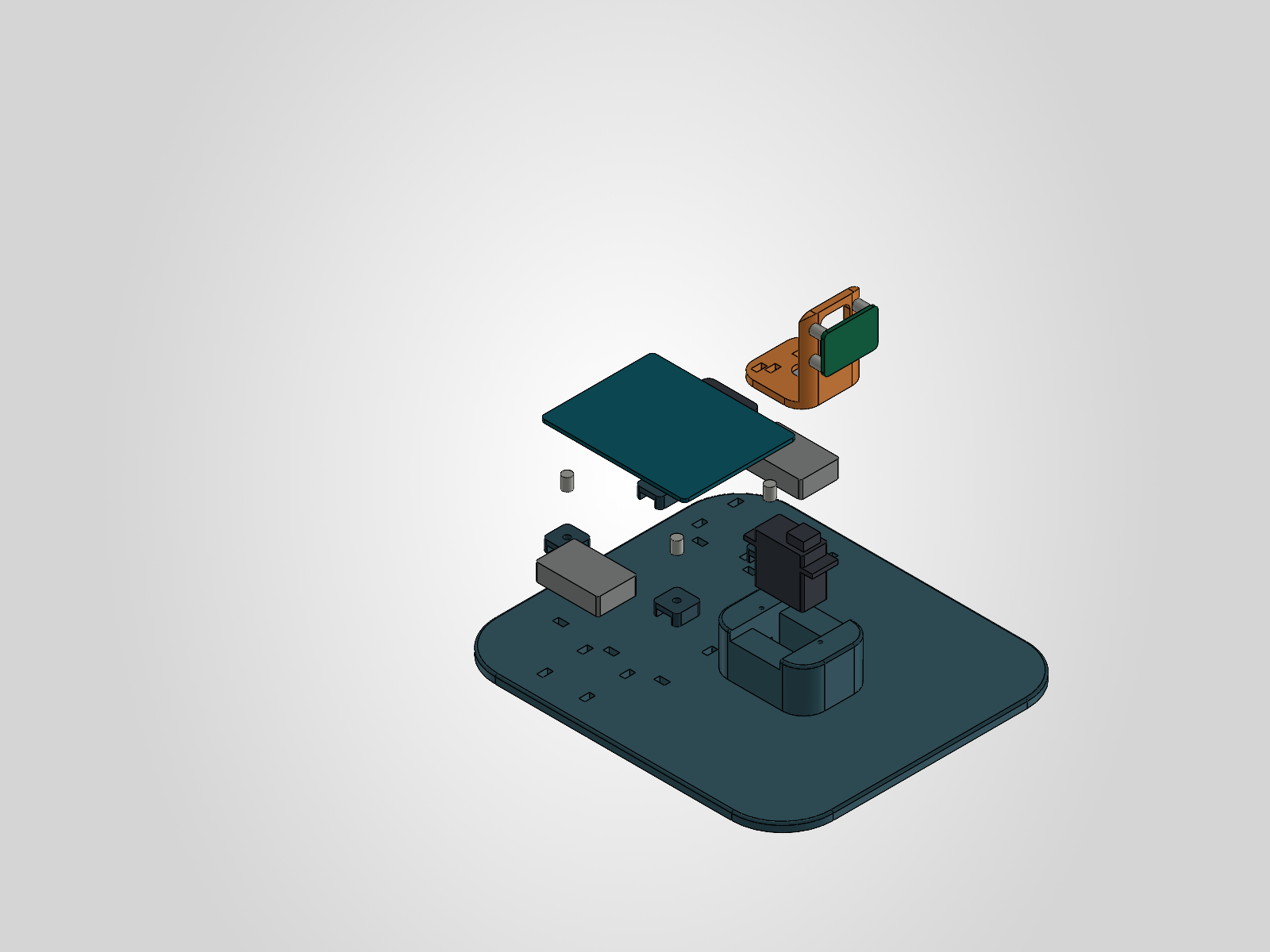 Exploded scanner CAD view showing the base, controller, servo, and sensor head