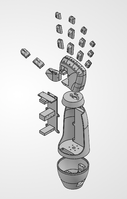 Exploded CAD view showing the fingers, palm and forearm components separated for assembly